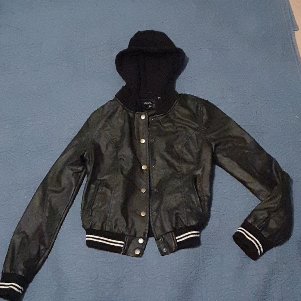 Black leather jacket with a hood